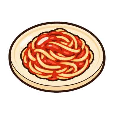 Spaghetti with a glossy sauce clinging to it