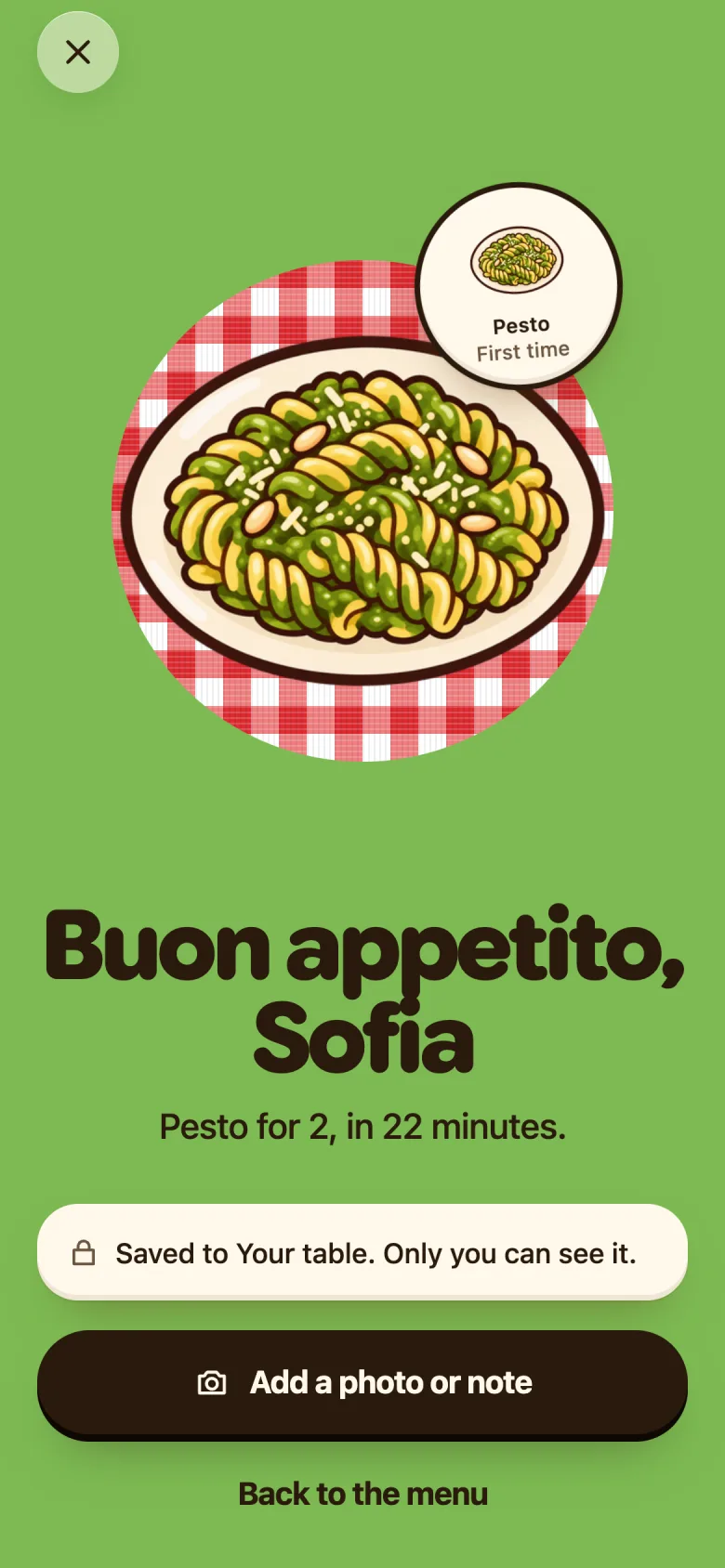 Done: a plate of pesto on the tablecloth, saved to Your table, with a first-time stamp.