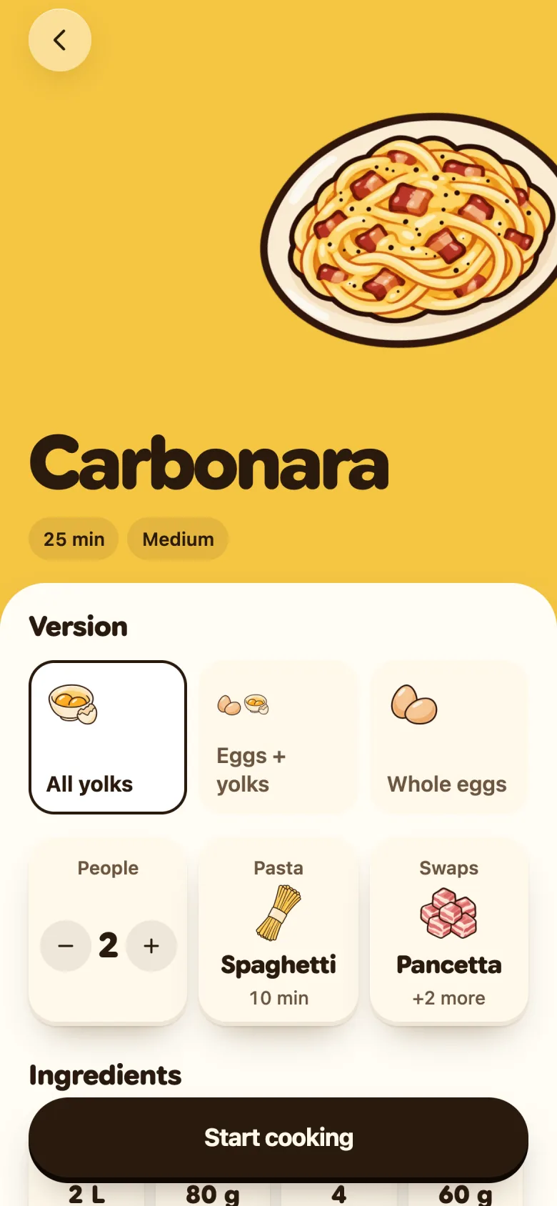 Carbonara: choose all yolks or whole eggs, the number of people, the pasta and swaps.